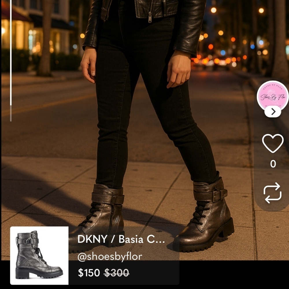 DKNY / Basia Combat / Metallic / Boots With Side Zipper & Buckle Straps / Ancle - Picture 9 of 9